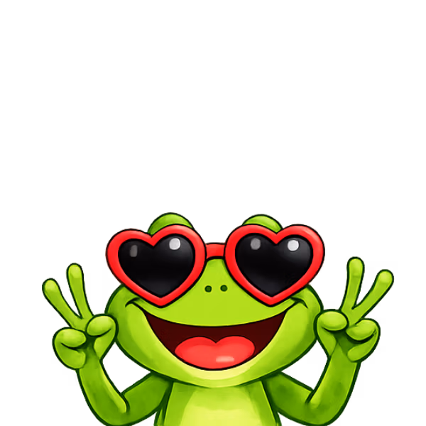 Cartoon frog wearing red heart-shaped sunglasses and flashing peace signs with both hands, smiling wide.