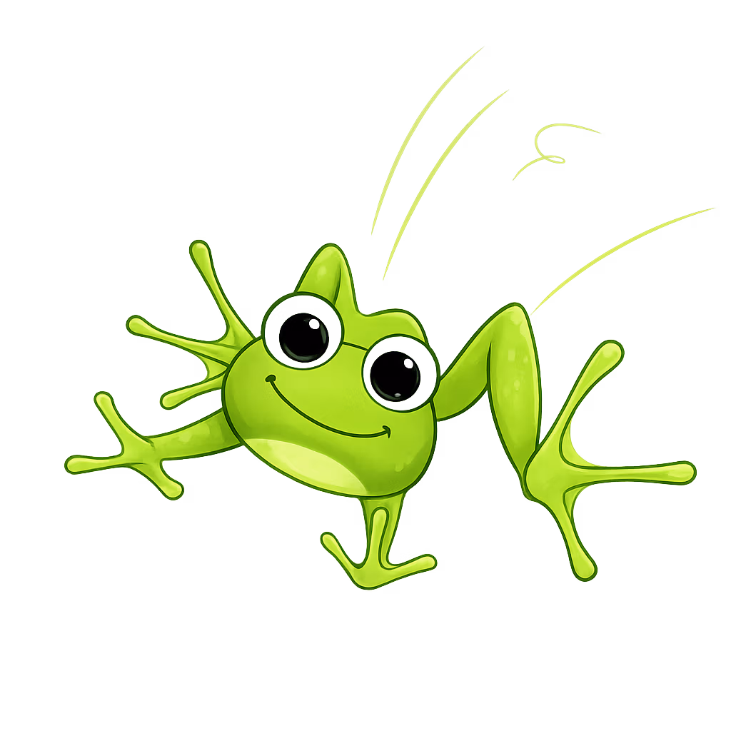 Cartoon frog mid-leap against a black background, legs and webbed feet splayed wide with arms outstretched, big glossy eyes and a small smile, with motion lines above suggesting a quick, bouncy hop.