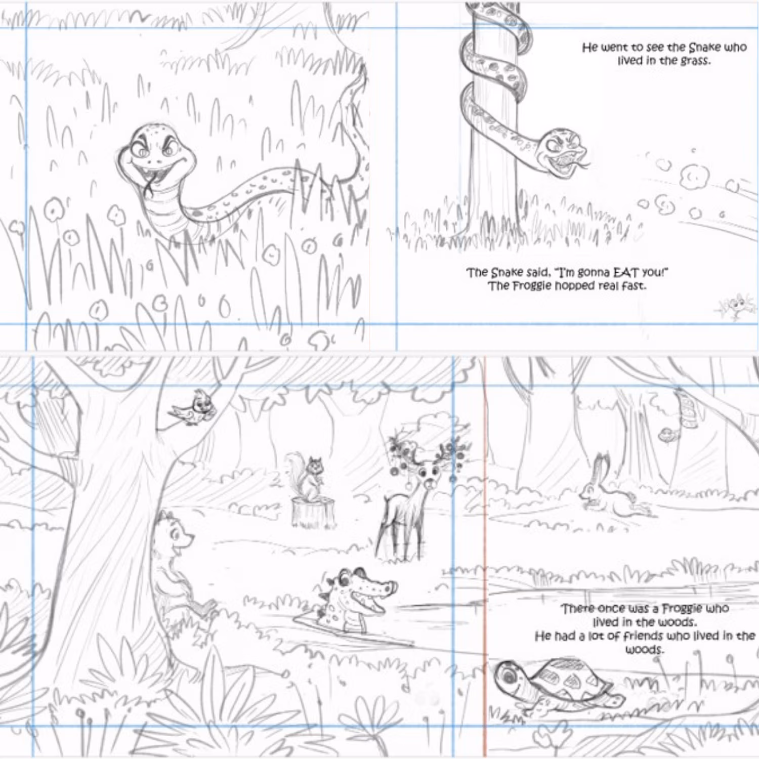 A pencil sketch illustration spread for a children's book showing a lively woodland scene. On the left page, a beaver, a crocodile skateboarding on a log, a squirrel on a tree stump, a decorated deer, and a small bird perch among tall trees and lush foliage. On the right page, a rabbit hops through a meadow, a turtle crawls along the ground, and a small crowned frog (Froggie) stands near a tree stump, with another squirrel peeking from a tree. Text on the right page reads: "There once was a Froggie who lived in the woods. He had a lot of friends who lived in the woods.