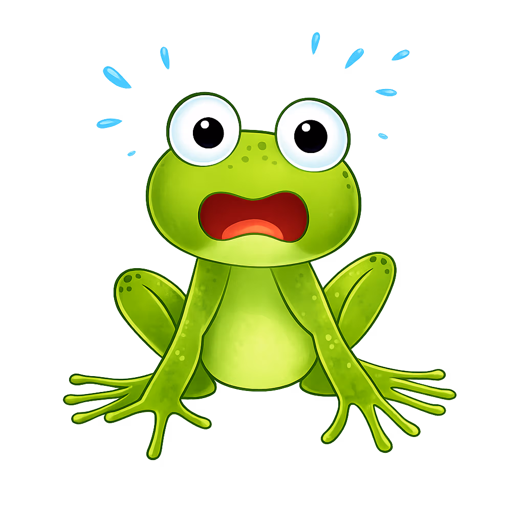 Cartoon frog with wide, startled eyes and an open mouth in a shocked expression, sitting with legs splayed and webbed feet flat, with blue sweat drops flying in all directions