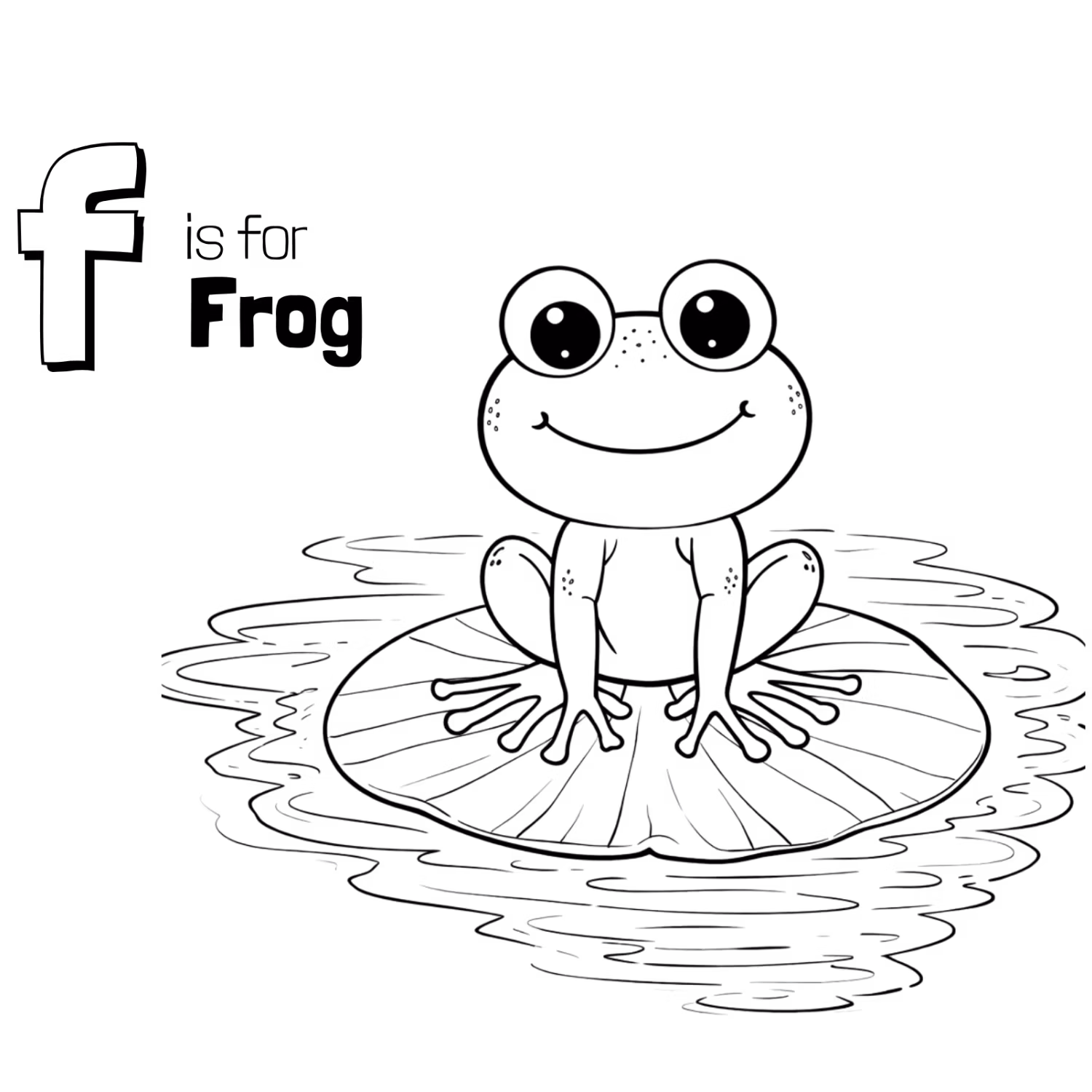 Black-and-white coloring page with the text ‘Ff is for Frog’ and a smiling cartoon frog sitting on a lily pad in a pond.