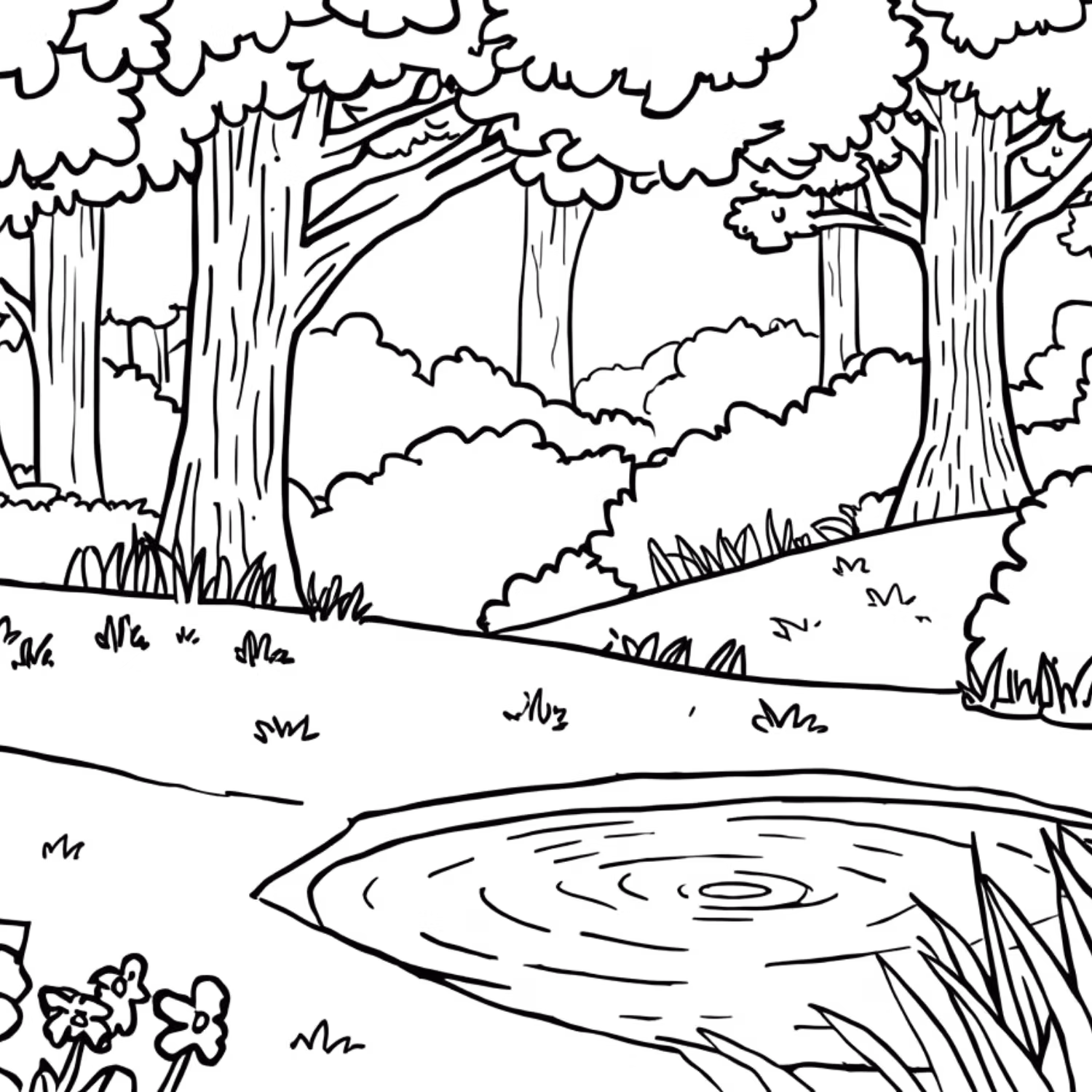 Black-and-white coloring page titled ‘There Once Was a Froggie’ featuring a peaceful woodland scene with trees, bushes, grass, flowers, and a small pond.