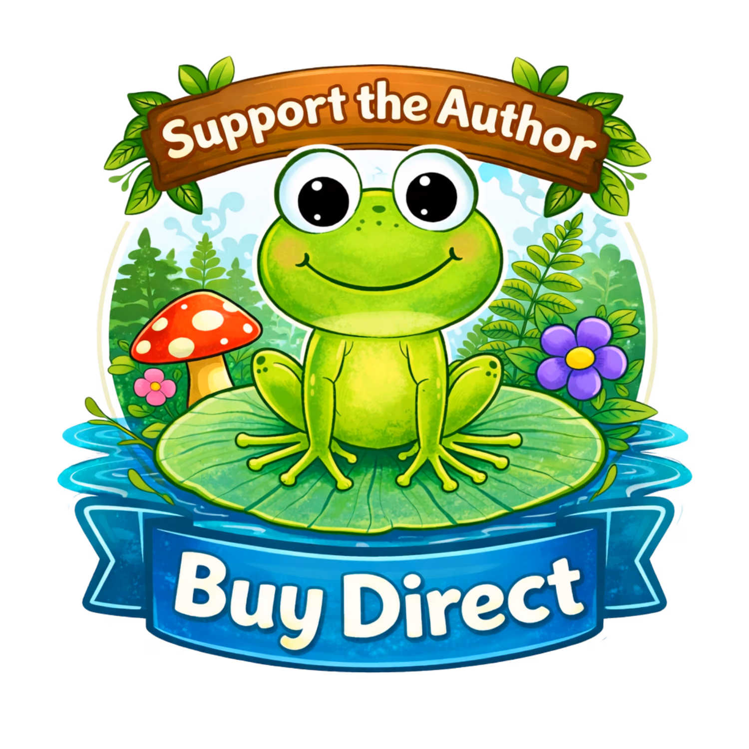 Cute green cartoon frog sitting on a lily pad in a pond, surrounded by forest plants, a mushroom, and flowers. A wooden sign above reads ‘Support the Author’ and a blue ribbon below says ‘Buy Direct.’ The design is colorful, friendly, and aimed at a children’s book about a frog making friends.